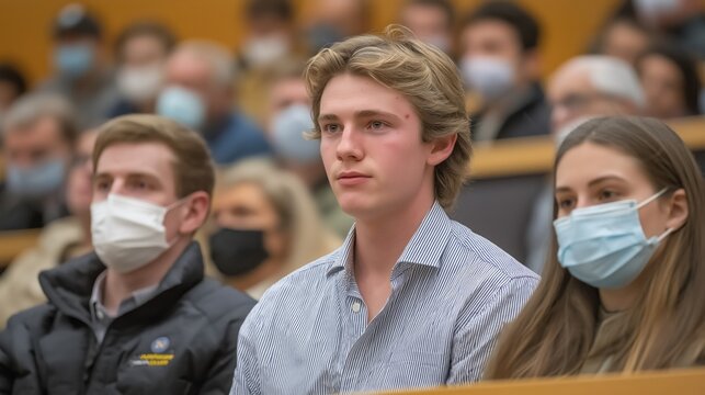 Young man listens attentively during remote lecture in a crowded auditorium with masked attendees