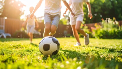 Children playing soccer outdoors