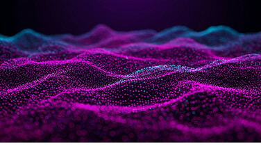 Futuristic digital landscape of glowing magenta and cyan particles creating a wavy surface on a dark background