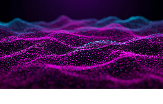 Futuristic digital landscape of glowing magenta and cyan particles creating a wavy surface on a dark background