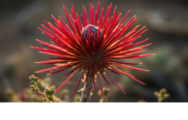 A magnificent close-up of an exotic red pincushion flower, its spiky, needle-like petals glowing brilliantly in the soft, warm sunlight