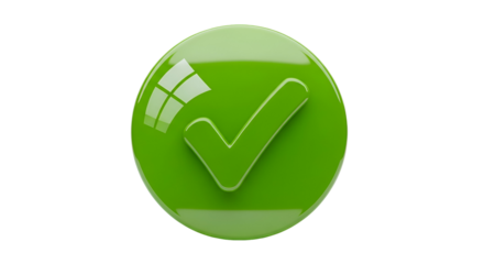 Glossy 3D Green Check Mark in a Circle Button, Symbolizing Success, Approval, and Completion on a White Background.

