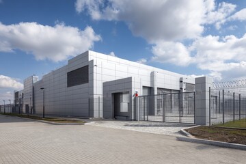 Exterior view of a secure data center featuring sleek architecture, surrounded by fencing and open space under a bright blue sky