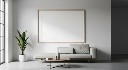 Minimalist Living Room with Plant, Sofa, and Blank Picture Frame
