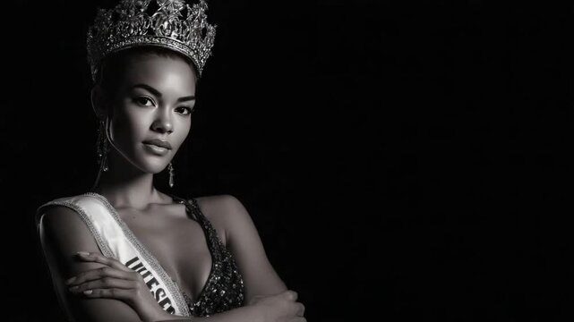 Royal Grace: A regal beauty, crowned with an ornate tiara, captivates with her poised elegance, embodying the essence of grace and confidence. The image is a testament to poise and ambition.