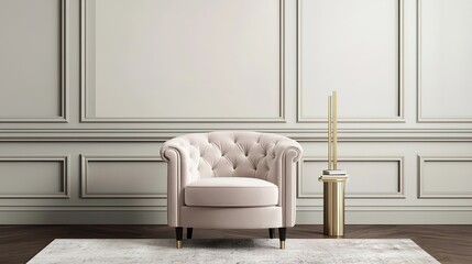 A stylish, tufted chair in a minimalist interior, complemented by a decorative side table against a softly colored wall.