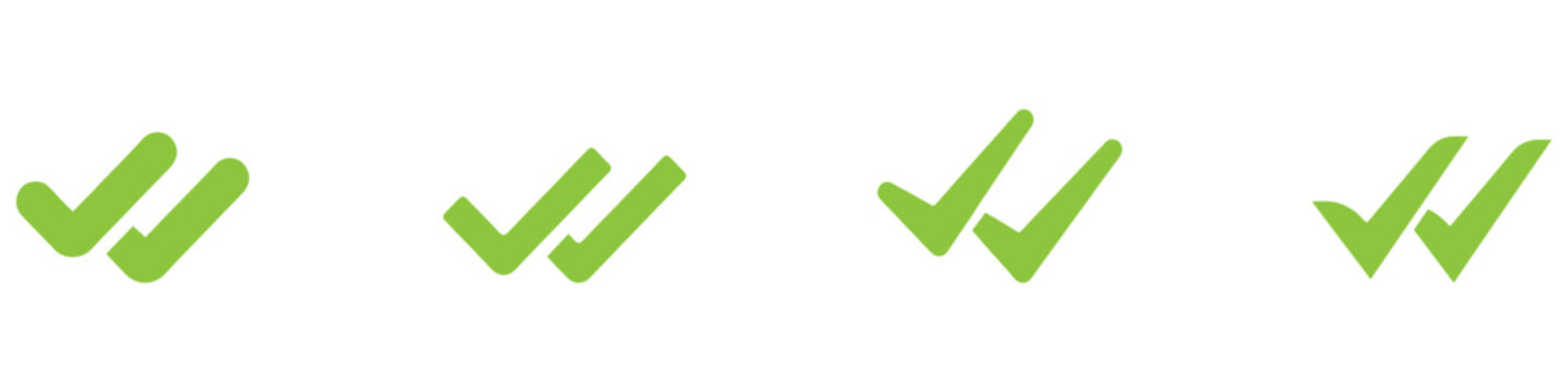 Double check icon tick symbol confirmation, approval, success icons. Check mark icon. Single and double ticks. Confirmation and read message status symbol. Used in chat, tasks, and notifications sign.