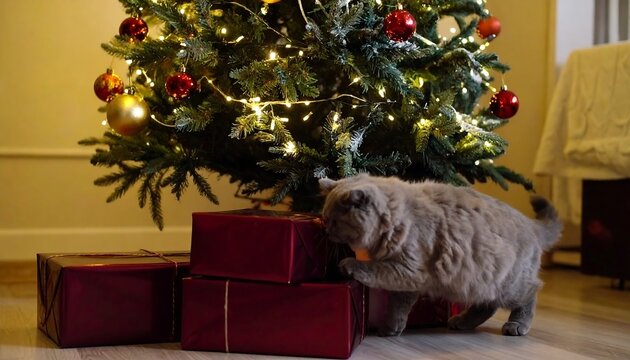 Christmas tree with gifts and a cat
