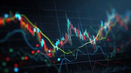 Colorful lines depict stock market trends and fluctuations, showcasing patterns over time with vibrant color contrasts on a dark background