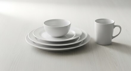 Fototapeta premium Minimalist white tableware: plates, bowl, and mug on a textured white surface