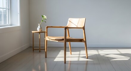 Fototapeta premium Minimalist Wooden Chair and Table with Flower in Bright Sunlight