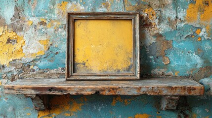 Vintage Wooden Frame on Rustic Shelf Against Weathered Wall Background