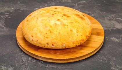 Round, golden-brown bread on wooden plate