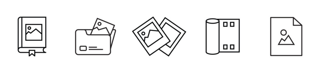 Gallery icon set for web and mobile apps. Photo album and picture symbols. Simple flat vector pictogram collection for UI design. Digital image, media portfolio sign.