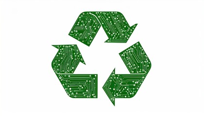 Obraz premium Green technology recycling symbol with integrated circuit design represents environmental