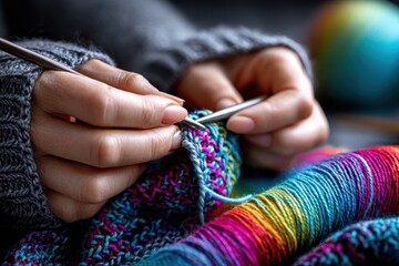 Hands skillfully knitting with colorful yarn on a cozy background during winter afternoon