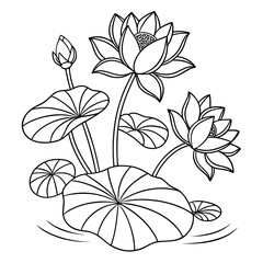 Elegant black and white line art illustration of blooming lotus flowers and lily pads on water