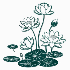 Elegant dark green line art illustration of blooming water lilies and lily pads on white background