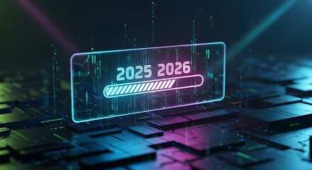 futuristic digital interface, glowing neon 2025 2026 loading bar, abstract technology background, dark moody lighting, cinematic dramatic sci-fi atmosphere,