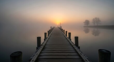 Fototapeta premium Misty Sunrise on a Wooden Pier Extending into a Calm Lake