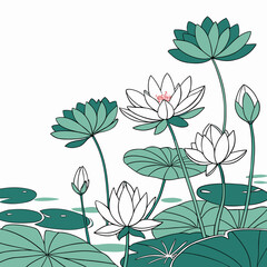 Elegant illustration of blooming white and teal water lilies and lily pads on a white background