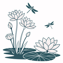 Stylized illustration of blooming lotus flowers and dragonflies in a tranquil pond setting