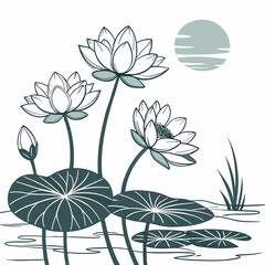 Stylized illustration of blooming lotus flowers and lily pads in calm water under a serene moon