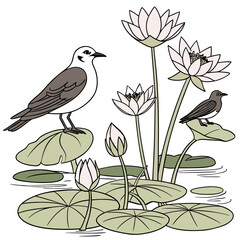 Two small birds perched on lily pads surrounded by blooming water lilies in a tranquil pond
