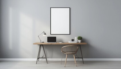 Contemporary interior with laptop and poster