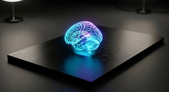 Neon-colored brain model resting on a dark wooden surface. The brain is illuminated by blue and purple light, creating a futuristic or scientific aesthetic - Powered by Adobe