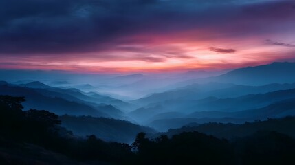 Fototapeta premium Majestic mountain range at sunrise with layers of atmospheric mist