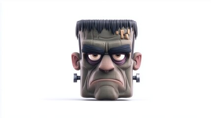 3D Frankenstein monster head, square shape cartoon style, clipart on white background