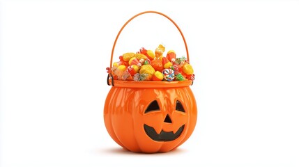 3D pumpkin candy bucket with handle, filled with sweets, clipart on white background