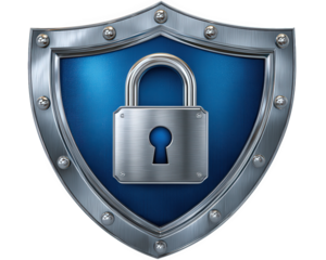 Steel shield digital lock security protection cyber blue metallic safety technology defense secure symbol of trust and strength