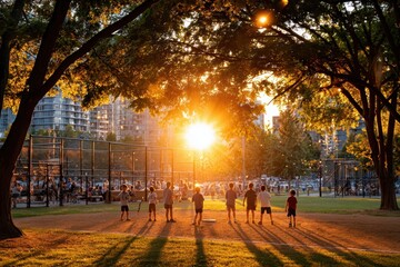 Children play baseball at sunset in a busy urban park during warm summer evening
