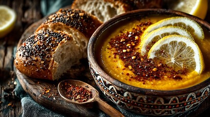 Warm, hearty lentil soup with crusty bread and zesty lemon slices, perfect for a cozy meal