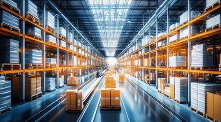 Fototapeta premium Modern Warehouse Interior with Automated Pallets on Conveyor Belts