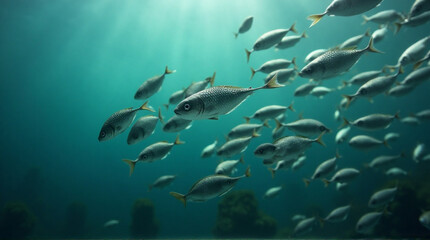 Obraz premium School of shimmering fish gracefully swim through sunlit turquoise ocean depths