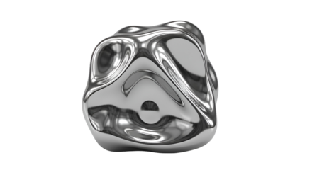 Polished Chrome Abstract Blob or Amorphous Shape, Featuring a Mirrored, Liquid-Like Surface and Organic Form on a White Background.

