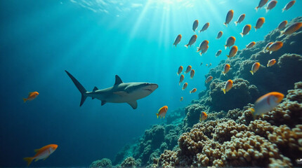 Obraz premium Majestic shark glides past vibrant coral reef teeming with small fish under sunlit ocean waters
