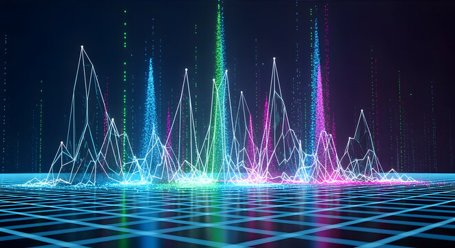 Vibrant Digital Data Spectrum Visualization: Glowing Multicolored Waveforms and Peaks on a Reflective Cyber Grid Background, Abstract Technology Co...