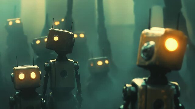 Army of robots marching in a dark forest at night