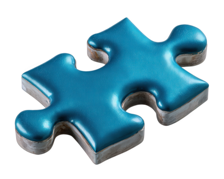 Blue jigsaw puzzle piece object with photorealistic smooth surface, isolated on transparency background, symbolizing connection, creativity, and problem solving