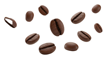 Obraz premium Close-up of a Pile of Roasted Coffee Beans, Captured in a Dynamic, Floating Arrangement on a White Background.