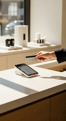 Modern contactless payment with credit card at stylish POS terminal in bright minimal retail store, close up of female hand making cashless transaction with sunlight reflections