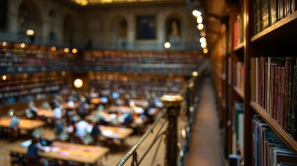 Obraz premium Medium shot of a sleek metal signpost marking author categories in a large reading room the background patrons and shelves gently out of focus.