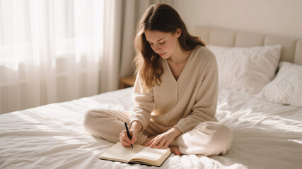 Self-love and mental health practice with woman journaling gratitude on bed in bright room filled with morning light