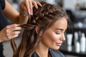 Naklejka premium Hairstyling session featuring a woman with beautiful braids at a modern salon