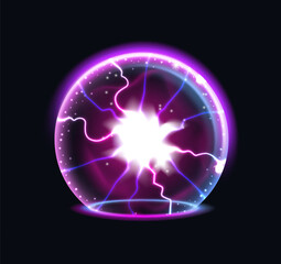 3D sphere. Glowing protective shield. Electric light spackles. Neon energy flash dome. Geometric round shape. Abstract circle bubble. Iridescent orb. Purple aura shine. Vector futuristic ball element