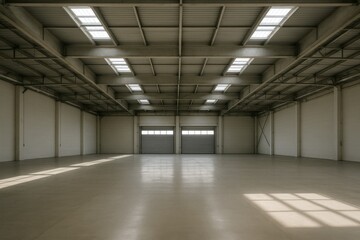 Empty modern warehouse interior with concrete floor, high ceiling and skylights, spacious industrial storage hall with closed shutter doors and natural daylight.